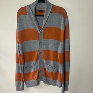 Gap Shawl Collar Striped Cardigan Sweater Gray Rust Orange Button Front‎ Large